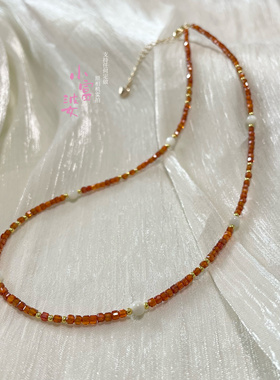 方糖水晶橘红细闪串珠项链锁骨链女秋冬叠戴天然白蝶贝母方块显白