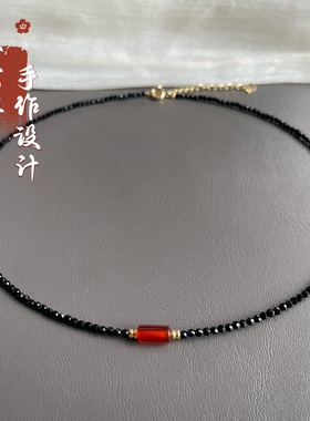 超细闪款锁骨链2mm黑尖晶石项链红玛瑙圆桶珠女款串珠颈饰叠戴链
