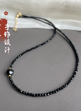 超闪亮极细2mm黑尖晶斜边项链女款简约百搭锁骨链串珠颈饰叠戴链