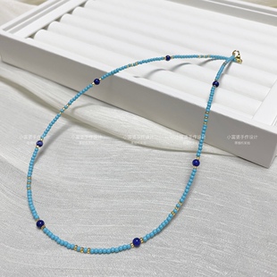 轻奢2mm极细锁骨链 天然青金石蓝绿松石色女国风项链小米珠串珠
