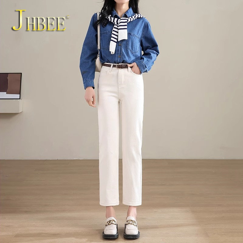 牛仔裤加绒加厚女士高腰直筒秋冬季宽松显瘦加长版烟管窄版外穿裤