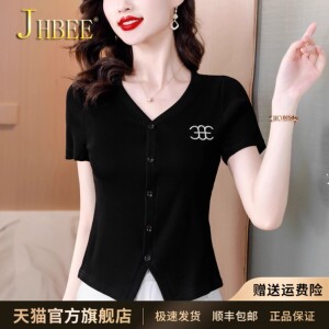 短袖纯棉女士春夏季2024款时尚洋气卡腰小衫v领修身别致短款上衣
