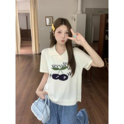 实拍2025夏装新款胖mm大码女慵懒宽松樱桃短袖针织衫韩版翻领上衣