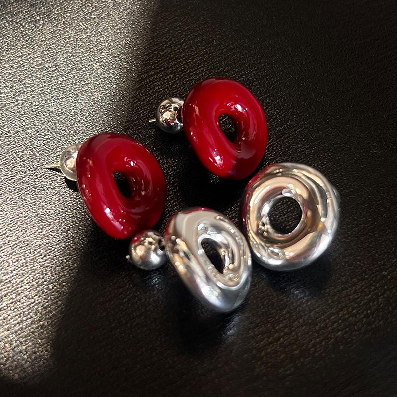 2024新款925银针ins风甜甜圈高级感圆形耳钉高级感红色珐琅釉耳环