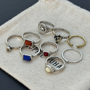 日韩小众设计感MARS25红宝石奶糖戒指个性 复古纯手工做旧银指环女