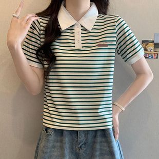 条纹polo领短袖 上衣 t恤女夏2025韩版 ins运动拼接遮肚显瘦女士小衫