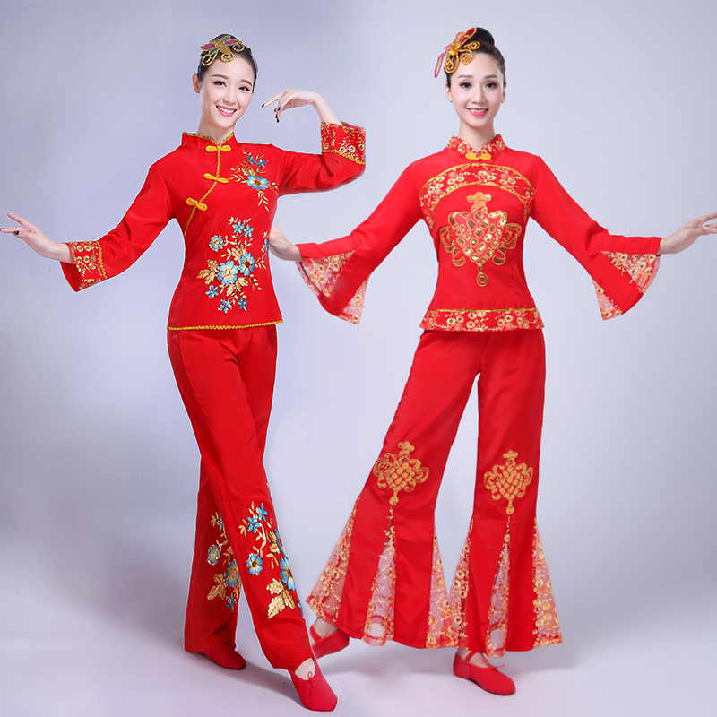 民族舞蹈服装女中老年扇子舞演出服2018新款秧歌服腰鼓广场舞套装