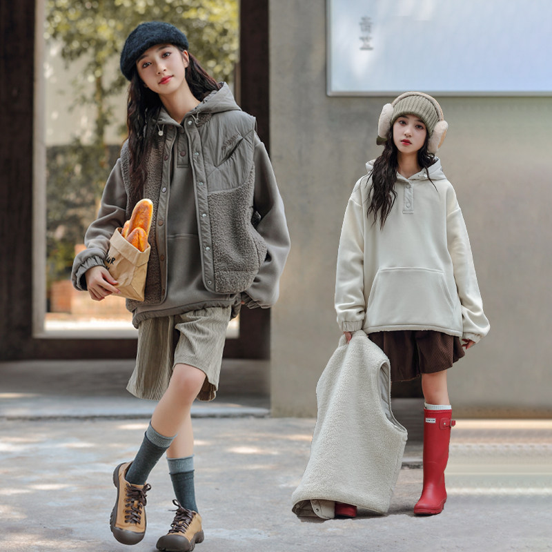 骄骄虎女童秋冬款加绒卫衣马甲两件套2024新款初中生连帽上衣6355