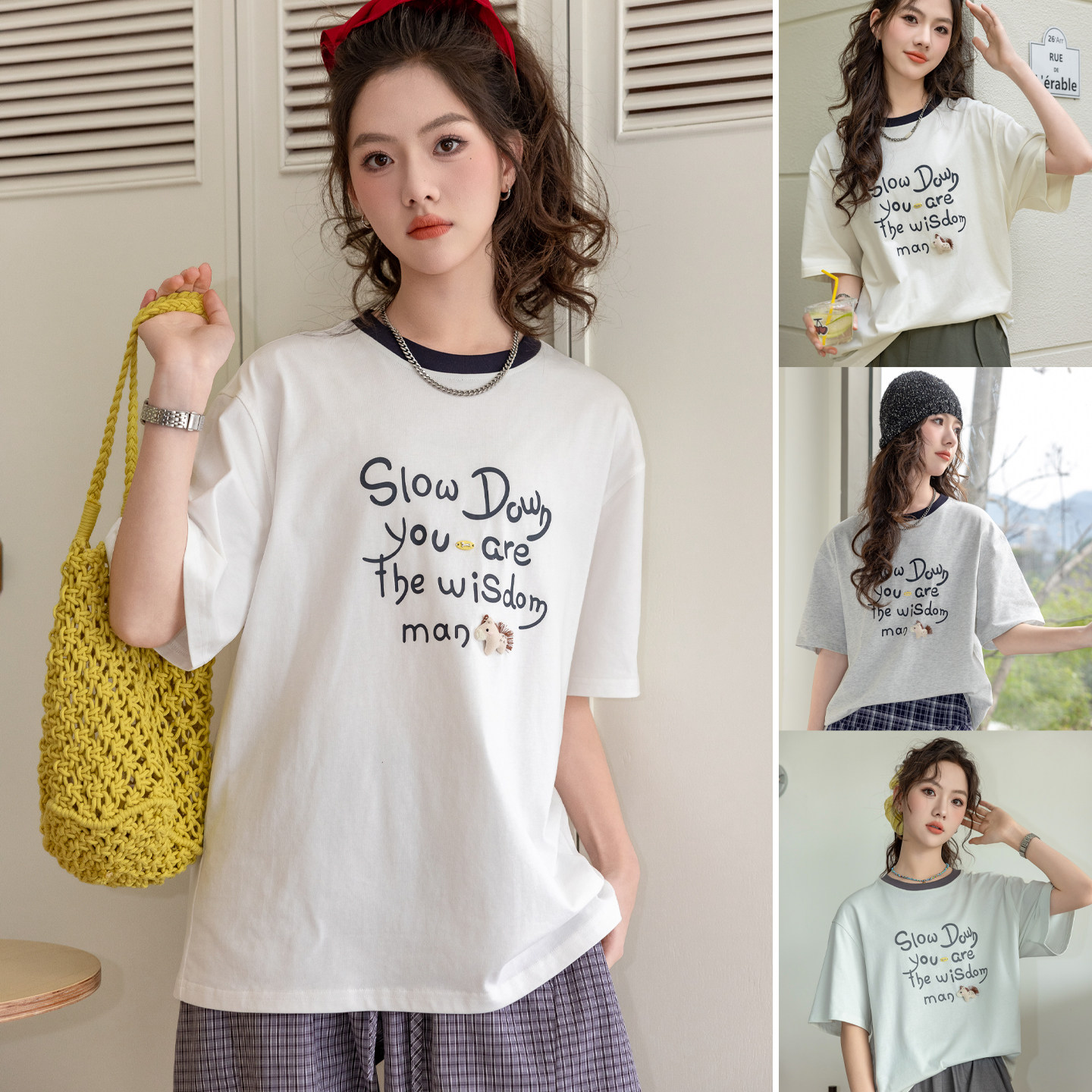 女童短袖t恤骄骄虎2026夏季新款初中生休闲纯棉字母体恤上衣9066