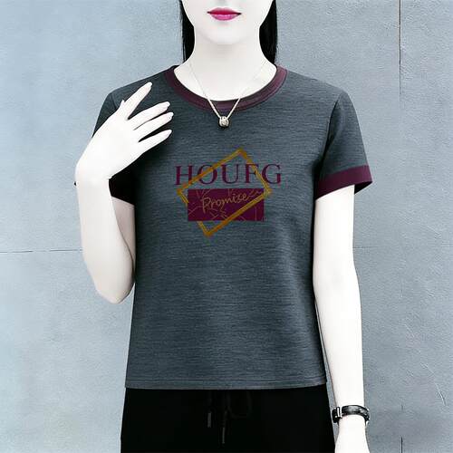 2026新款时尚洋气撞色圆领正肩短袖t恤女显瘦上衣打底衫夏季休闲