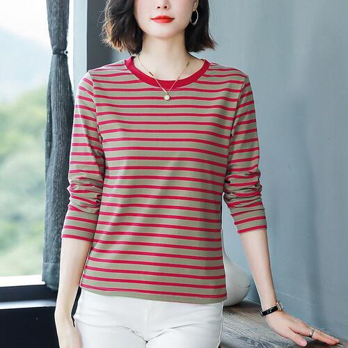 清仓捡漏~高档减龄洋气条纹圆领长袖t恤女中年宽松遮肚子休闲上衣