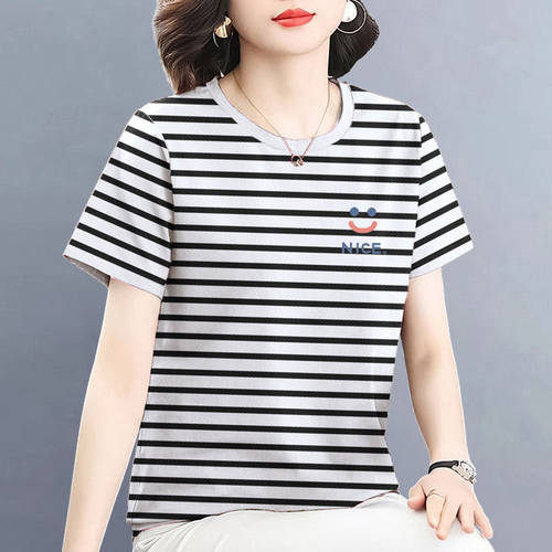 2026新款爆款夏季圆领条纹短袖T恤女正肩显瘦气质大码上衣洋气潮