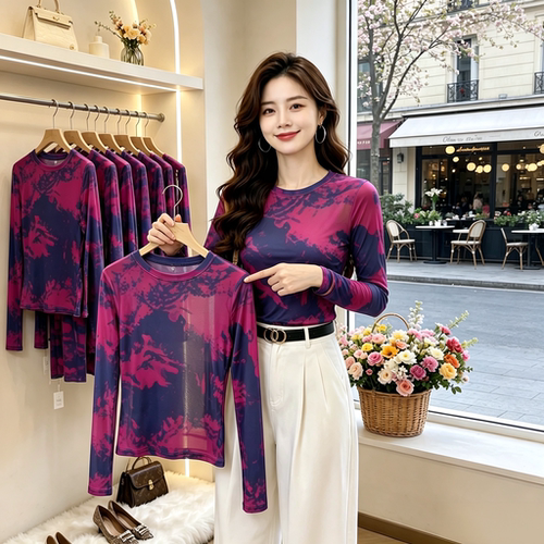 清仓捡漏妈妈晕染印花双层网纱长袖T恤女中老年减龄显瘦时尚上衣