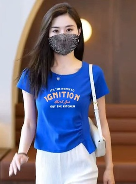 清仓捡漏克莱因蓝短袖T恤女装蓝色复古正肩夏季圆领内搭修身上衣