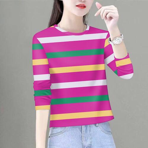 捡漏外贸 条纹长袖圆领t恤女宽松显瘦遮肚百搭打底衫妈妈装上衣