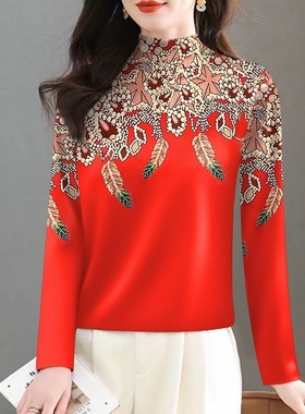 妈妈装中年加绒加厚半高领印花长袖打底衫女红色洋气气质减龄上衣