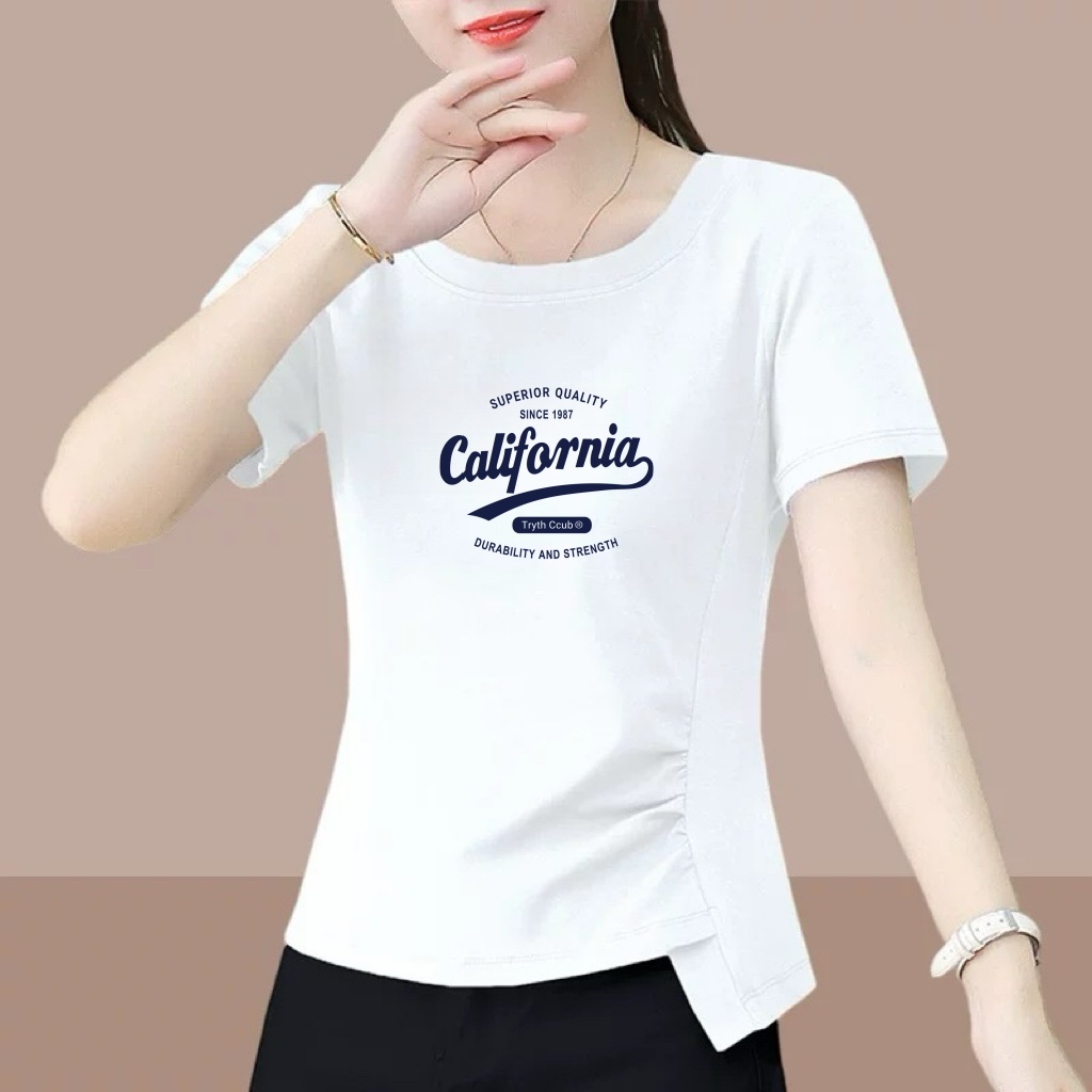 2025新款外贸妈妈装短袖t恤女宽松大码显瘦遮肚印花半袖体恤上衣