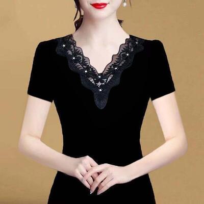 蕾丝短袖t恤衫女春夏新款2026洋气上衣黑色修身半高领大码打底衫