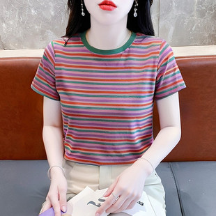 彩虹条纹短袖 宽松正肩女士t恤上衣百搭2026新款 妈妈体恤衫 女夏季