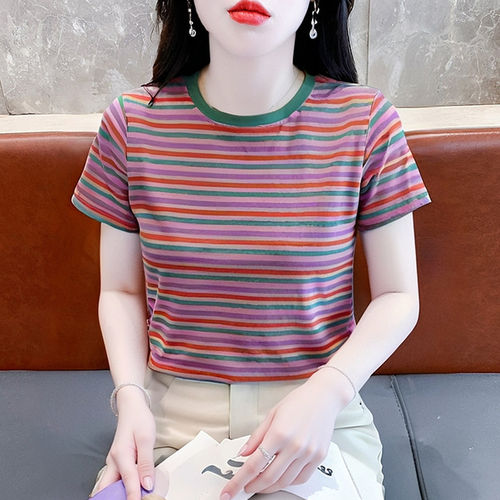 彩虹条纹短袖女夏季宽松正肩女士t恤上衣百搭2026新款妈妈体恤衫