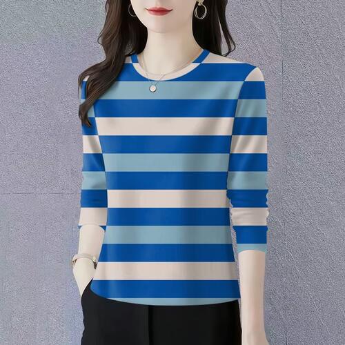 轻奢高端货~时尚条纹长袖T恤女圆领显瘦遮肚打底衫中年妈妈装上衣