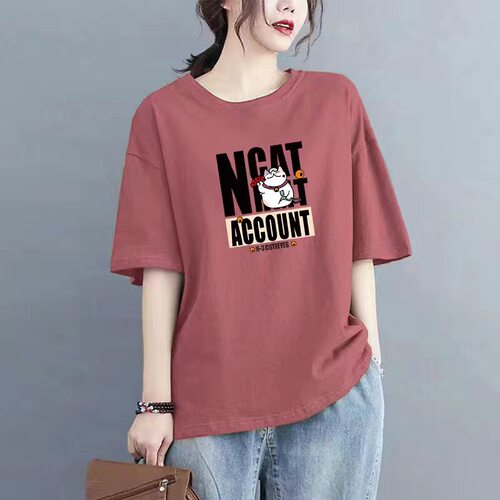 夏季新款短袖T恤女宽松印花大码百搭显瘦遮肉遮肚圆领上衣打底衫