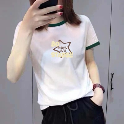 妈妈装中老年撞色领短袖T恤女2026夏新款印花圆领百搭高级感上衣