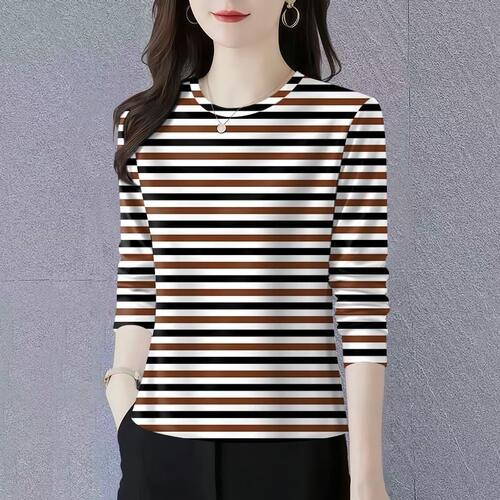 韩版复古条纹长袖T恤女圆领洋气减龄显瘦妈妈装上衣中老年女装