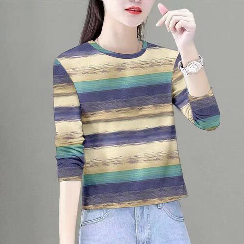 轻奢高端货~复古彩虹条纹圆领长袖t恤女洋气妈妈装显瘦时尚上衣