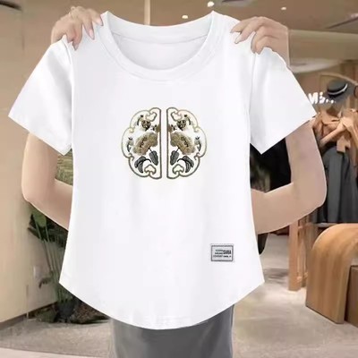 夏季正肩短袖t恤女设计感小众微胖mm显瘦洋气别致独特短款上衣