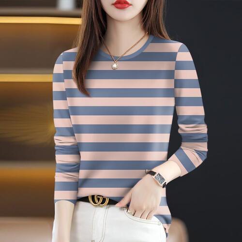 清仓捡漏~高档条纹长袖T恤女上衣减龄遮肚显瘦妈妈装中年休闲女装