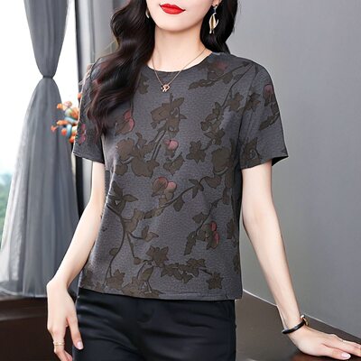 捡漏外贸时尚印花短袖T恤女夏宽松显瘦百搭减龄中年女装休闲上衣