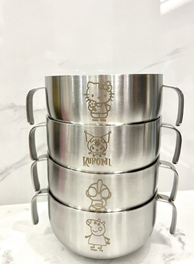 304不锈钢卡通双耳碗双层kt猫防烫耐摔儿童食品级带把手辅食饭碗