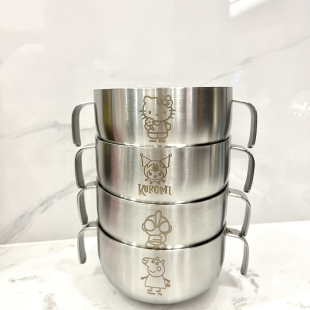 304不锈钢卡通双耳碗双层kt猫防烫耐摔儿童食品级带把手辅食饭碗