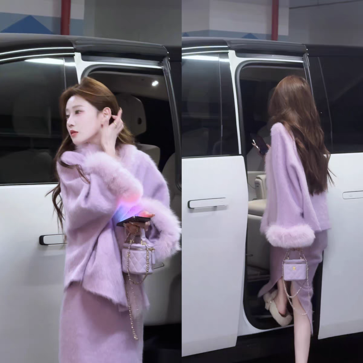 婷婷摄人心魄紫色慵懒贵气重工狐狸毛拉绒大衣套装25DK80