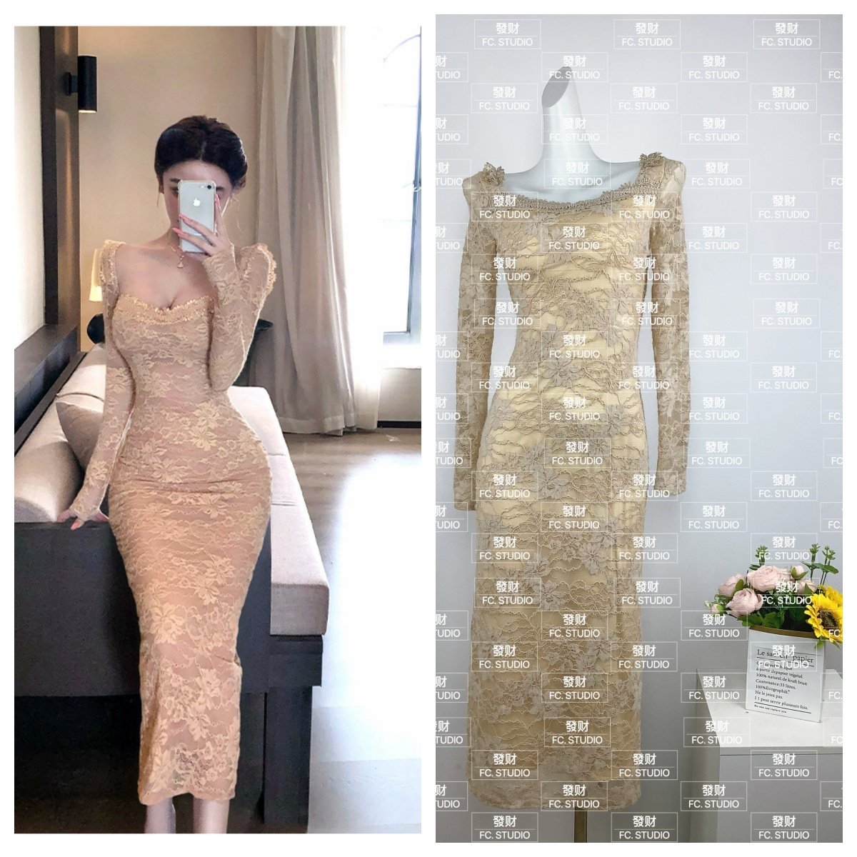 WW定制暮光玫瑰显瘦收腰蕾丝气质性感修身法式小众设计感连衣裙