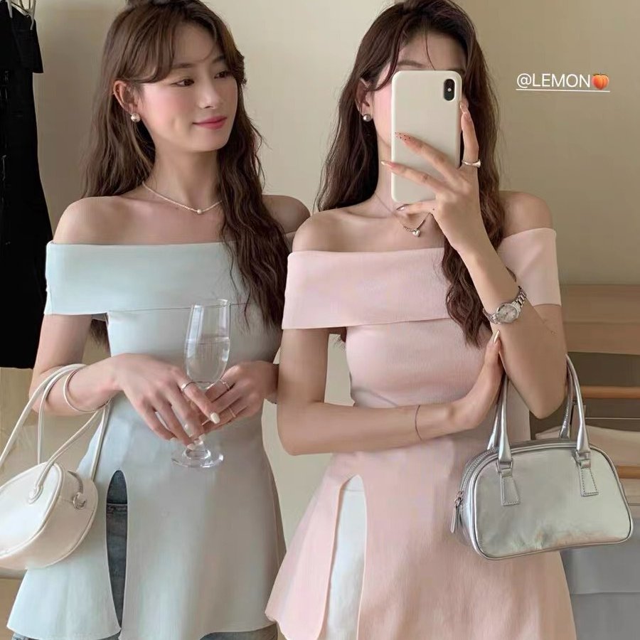 THE LEMON柠檬绿茶韩系高级感纯欲纸片人一字肩开衩针织衫女夏季