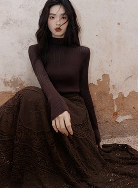 实拍 废土风秋冬复古文艺穿搭重工刺绣半裙配针织打底两件套