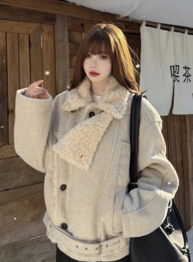 实拍韩系氛围感收腰呢子双排扣大衣女冬季加绒保暖宽松短款棉衣潮