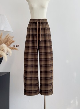 双面格纹重磅加绒火焰复合 宽松高腰直筒羊毛阔腿裤子女