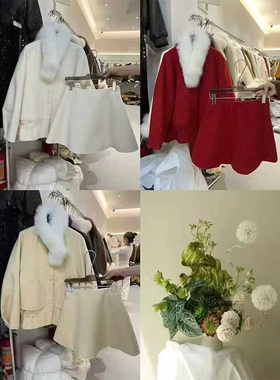 实体档口秋冬时髦气质毛毛领单排扣外套宽松A字短裙两件套套装女