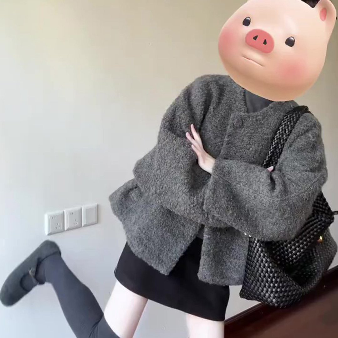 韩系极简风灰色毛呢大衣外套女秋冬季高级感上衣半身裙两件套