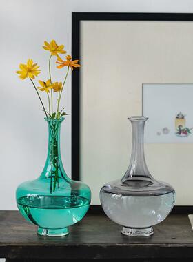 精选翡绿色小花瓶新中式玻璃磨砂透明琉璃花器摆件客厅Y桌面插花