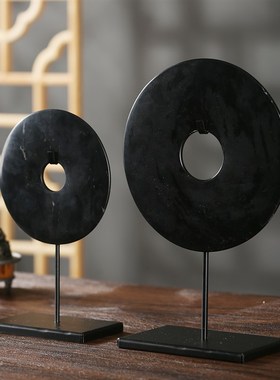 精选新中式创意j轻奢天然售楼处样板间客厅玄关博古架书房黑色玉