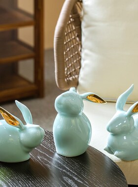 优选景德镇陶瓷摆件兔子现代可爱兔子摆件陶瓷办公室W桌面装饰新