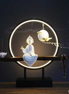 精选新中式如来佛像灯圈禅意摆件陶瓷释J迦摩尼客厅办公室创意玄