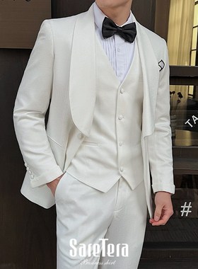 优选西服套装男士白色礼服修身y司仪演出主持人英伦风休闲新郎结