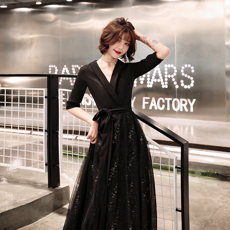 优选黑色晚礼服长款宴q会气质学生艺考连衣裙合唱指挥年会支持人