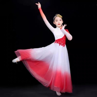 优选新款 中国舞蹈演出服盛开万疆现代开W场舞大摆裙 儿童灯火里