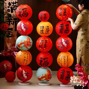 精选古风b福字红色纸灯笼挂饰老人寿宴布置立柱摆件过寿生日油纸